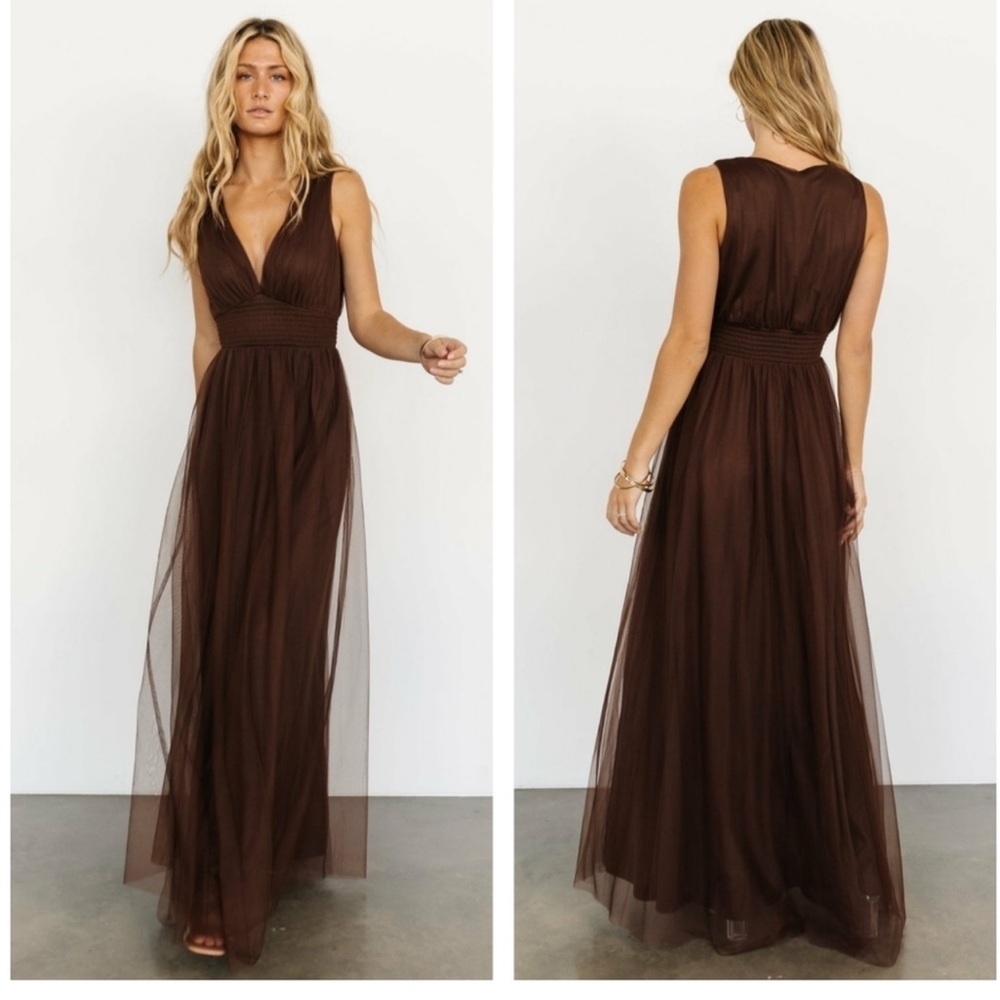 Baltic Born Brown Tulle Maxi Dress SizeM DeepV Empire Waist Formal Wedding Guest